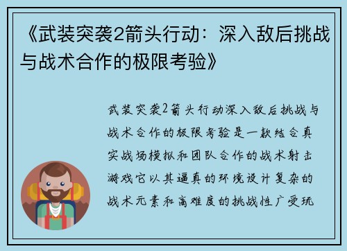《武装突袭2箭头行动：深入敌后挑战与战术合作的极限考验》